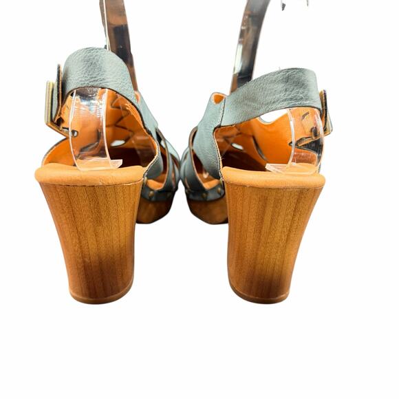 Kork-Ease Teal Leather Slingback Clog Heels Wood Sole Size 9M - Picture 4 of 12